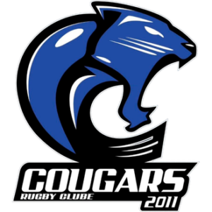 Logo do Cougars Rugby Clube: ilustração em perfil de um puma (cougar) na cor azul vibrante com detalhes em preto e branco. O animal está posicionado acima de um bloco retangular preto que contém o nome "COUGARS" em letras brancas inclinadas, seguido pelo texto menor "RUGBY CLUBE" e o ano "2011" no canto inferior direito.